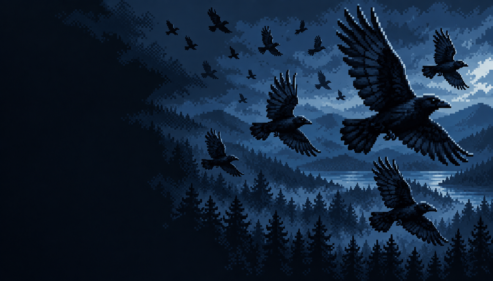 Pixel-art murder of crows flying above a dark forest